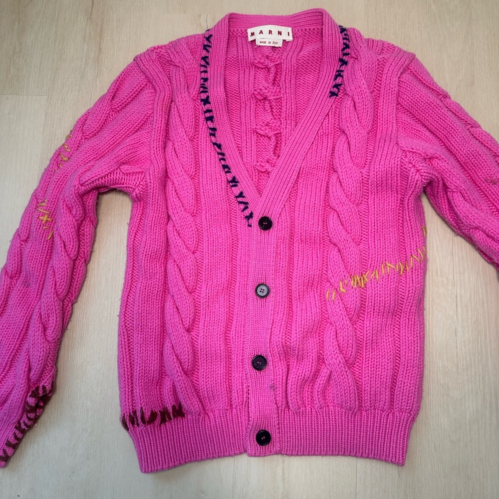 Marni Hot Pink Cable-Knit Cardigan with Black Stitching